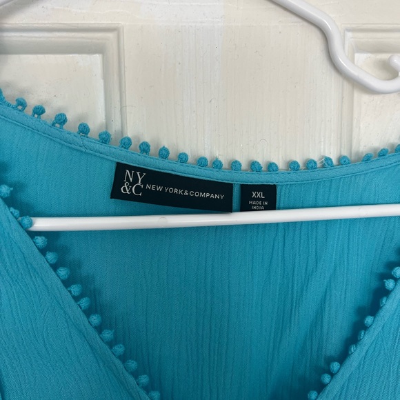 New York & Company Top. A Turquoise color with ruffles and lace. - Picture 3 of 4